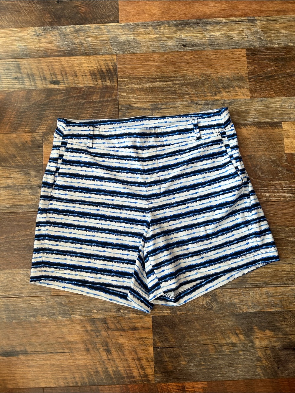 SPANX Navy and White High-Waist Striped Shorts